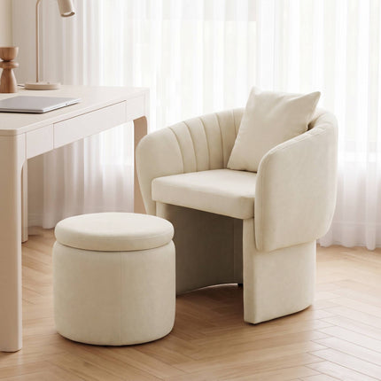 Chenille Lounge Chair with Footstool and Lumbar Cushion, Beige, Nordic Style
