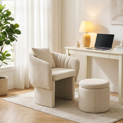 Chenille Lounge Chair with Footstool and Lumbar Cushion, Beige, Nordic Style