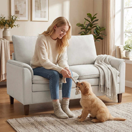 Chenille Loveseat Sofa, Cream, 24cm Cushion, High Back