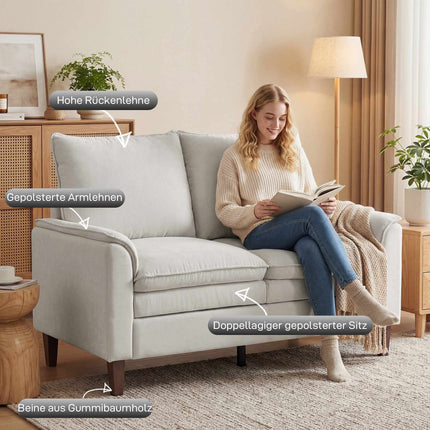Chenille Loveseat Sofa, Cream, 24cm Cushion, High Back