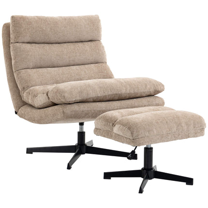 Chenille Swivel Lounge Chair with Adjustable Footstool, 79 cm Wide Seat, Brown