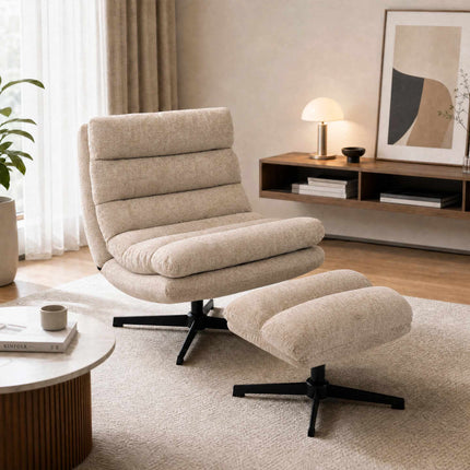 Chenille Swivel Lounge Chair with Adjustable Footstool, 79 cm Wide Seat, Brown