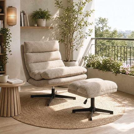 Chenille Swivel Lounge Chair with Adjustable Footstool, 79 cm Wide Seat, Brown