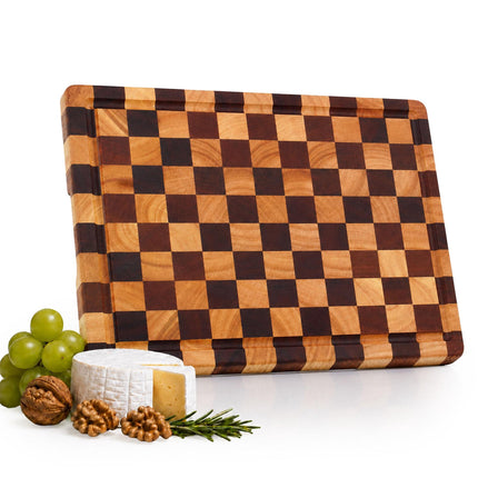 Chequered Wooden Chopping Board with Juice Groove, Acacia, Rubberwood