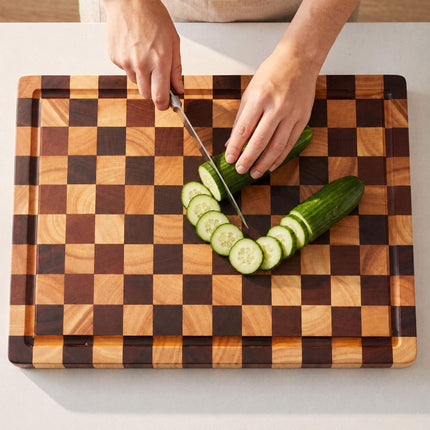 Chequered Wooden Chopping Board with Juice Groove, Acacia, Rubberwood