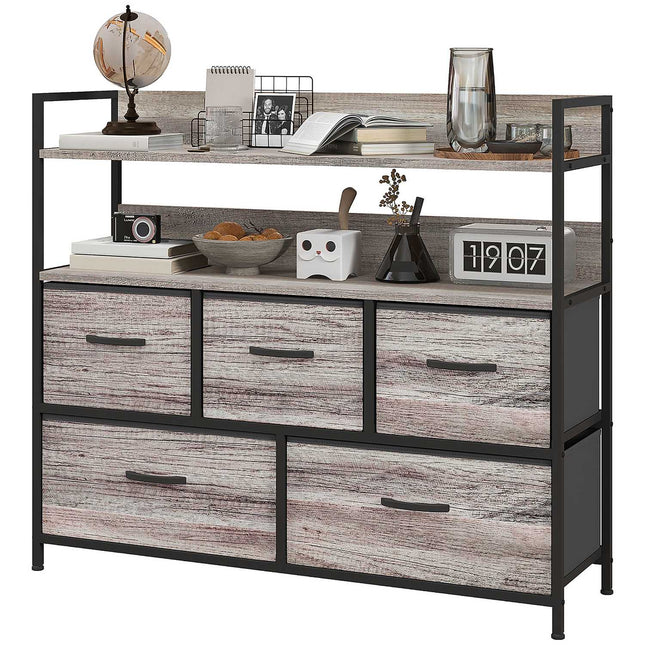 Ladekast met 5 laden, stoffen opbergkast, ladekast met 2 planken, stalen frame, modern design voor woonkamer, slaapkamer, grijs Aosoom