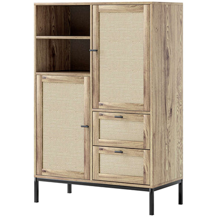 Commode de rangement avec portes en rotin, meuble polyvalent avec tiroirs et étagères réglables, structure en métal pour salon, chambre à coucher, salle à manger, 80 x 40 x 120 cm, bois naturel