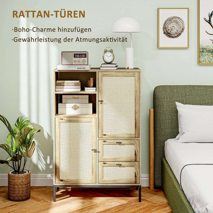 Commode de rangement avec portes en rotin, meuble polyvalent avec tiroirs et étagères réglables, structure en métal pour salon, chambre à coucher, salle à manger, 80 x 40 x 120 cm, bois naturel