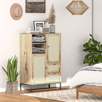 Commode de rangement avec portes en rotin, meuble polyvalent avec tiroirs et étagères réglables, structure en métal pour salon, chambre à coucher, salle à manger, 80 x 40 x 120 cm, bois naturel
