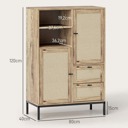Commode de rangement avec portes en rotin, meuble polyvalent avec tiroirs et étagères réglables, structure en métal pour salon, chambre à coucher, salle à manger, 80 x 40 x 120 cm, bois naturel