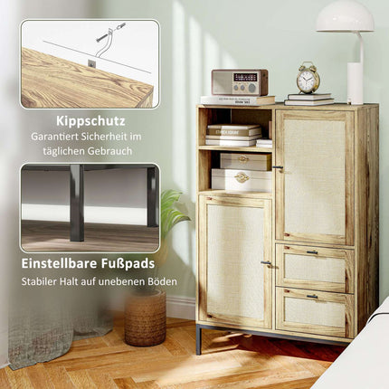 Commode de rangement avec portes en rotin, meuble polyvalent avec tiroirs et étagères réglables, structure en métal pour salon, chambre à coucher, salle à manger, 80 x 40 x 120 cm, bois naturel