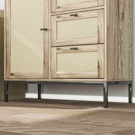 Commode de rangement avec portes en rotin, meuble polyvalent avec tiroirs et étagères réglables, structure en métal pour salon, chambre à coucher, salle à manger, 80 x 40 x 120 cm, bois naturel
