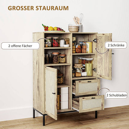 Commode de rangement avec portes en rotin, meuble polyvalent avec tiroirs et étagères réglables, structure en métal pour salon, chambre à coucher, salle à manger, 80 x 40 x 120 cm, bois naturel