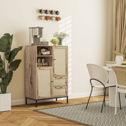Commode de rangement avec portes en rotin, meuble polyvalent avec tiroirs et étagères réglables, structure en métal pour salon, chambre à coucher, salle à manger, 80 x 40 x 120 cm, bois naturel