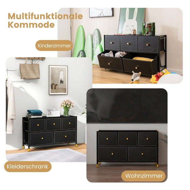 Kommode für Schlafzimmer mit 5 Schubladen breite Stoffkommode mit Metallrahmen 100 x 30 x 58,5 cm schwarz