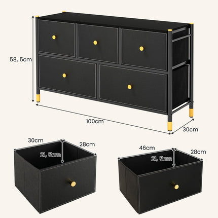 Kommode für Schlafzimmer mit 5 Schubladen breite Stoffkommode mit Metallrahmen 100 x 30 x 58,5 cm schwarz