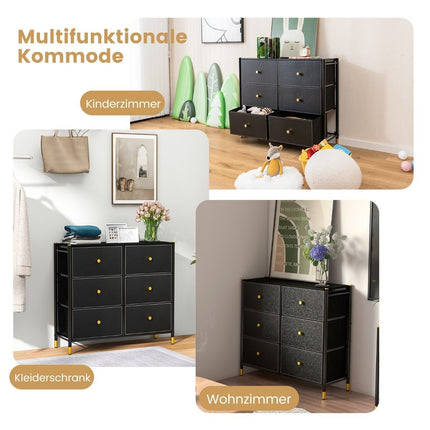 Kommode für Schlafzimmer mit 6 Schubladen Hohe Stoffkommode mit Metallrahmen 89 x 30 x 76,5 cm Schwarz