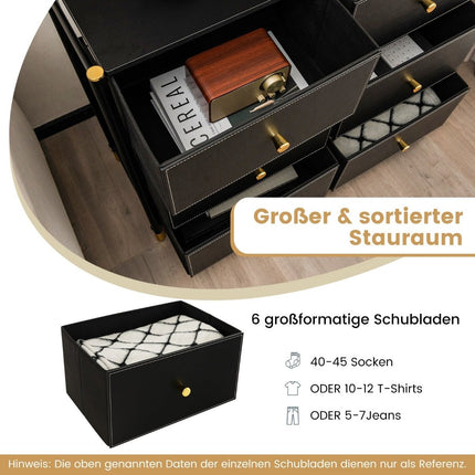 Kommode für Schlafzimmer mit 6 Schubladen Hohe Stoffkommode mit Metallrahmen 89 x 30 x 76,5 cm Schwarz
