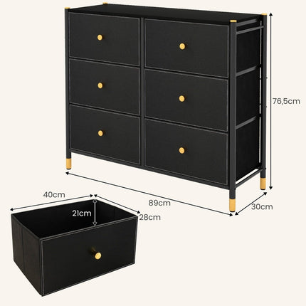 Kommode für Schlafzimmer mit 6 Schubladen Hohe Stoffkommode mit Metallrahmen 89 x 30 x 76,5 cm Schwarz