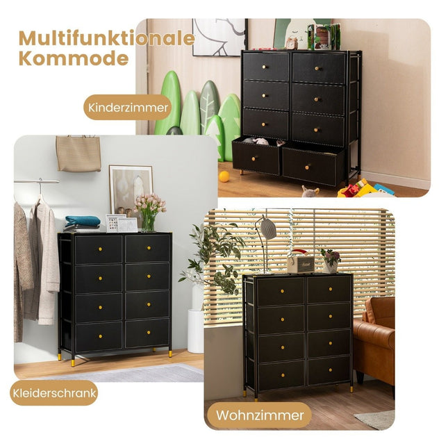 Kommode für Schlafzimmer mit 8 Schubladen hohe Stoffkommode mit Metallrahmen 89 x 30 x 98 cm schwarz