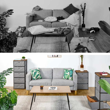 Kommode im Holzdesign mit Stoffschubladen