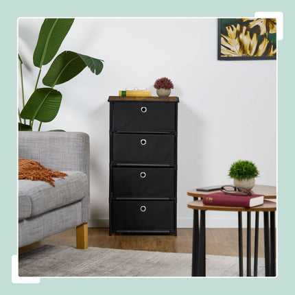 Kommode im Holzdesign mit Stoffschubladen
