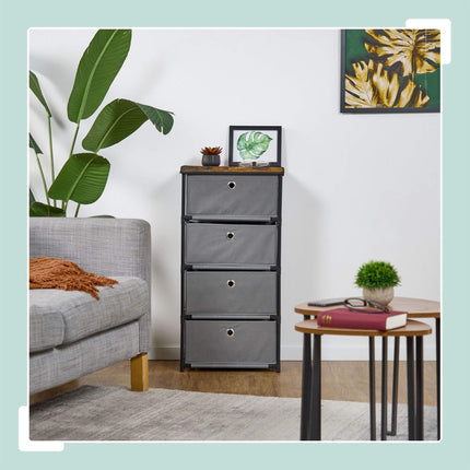 Kommode im Holzdesign mit Stoffschubladen