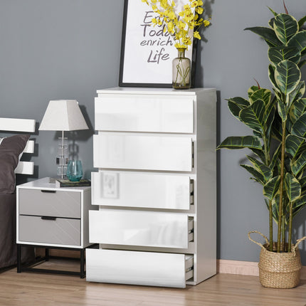 Commode, dressoir met 5 laden, kantoorkast met anti-kantelbeugels, voor woonkamer, slaapkamer, wit, 55 x 34 x 100 cm |