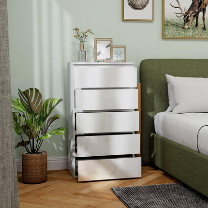 Commode, dressoir met 5 laden, kantoorkast met anti-kantelbeugels, voor woonkamer, slaapkamer, wit, 55 x 34 x 100 cm |