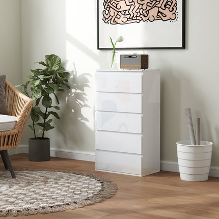 Commode, dressoir met 5 laden, kantoorkast met anti-kantelbeugels, voor woonkamer, slaapkamer, wit, 55 x 34 x 100 cm |