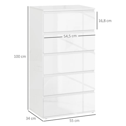Commode, dressoir met 5 laden, kantoorkast met anti-kantelbeugels, voor woonkamer, slaapkamer, wit, 55 x 34 x 100 cm |