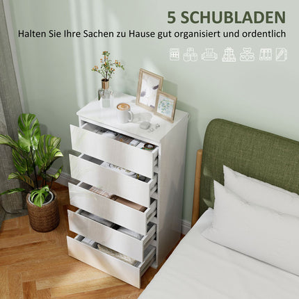 Commode, dressoir met 5 laden, kantoorkast met anti-kantelbeugels, voor woonkamer, slaapkamer, wit, 55 x 34 x 100 cm |