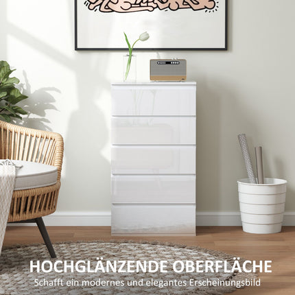 Commode, dressoir met 5 laden, kantoorkast met anti-kantelbeugels, voor woonkamer, slaapkamer, wit, 55 x 34 x 100 cm |