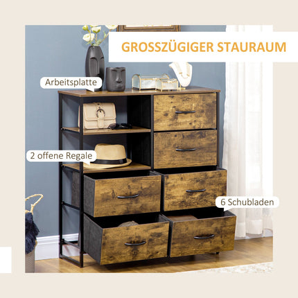 Industrielles Sideboard mit 6 Stoffschubladen & 2 Ablagen, Rustikales Braun