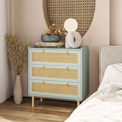 Boho Rattan dresser, 3-drawer sideboard, light blue