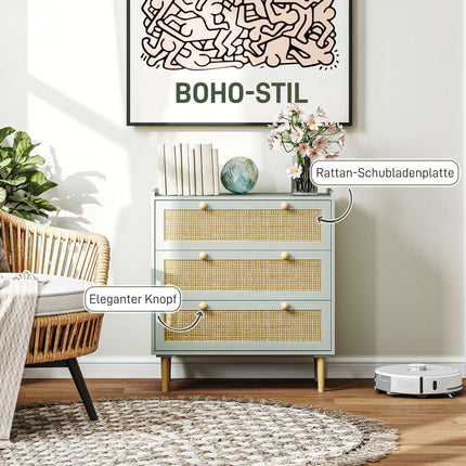 Boho Rattan dresser, 3-drawer sideboard, light blue