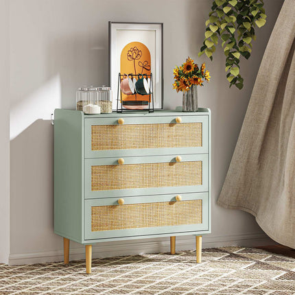 Boho Rattan dresser, 3-drawer sideboard, light blue