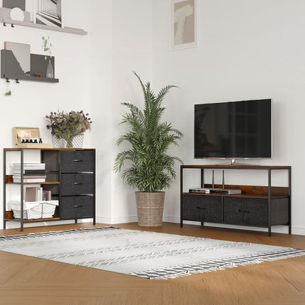 Ladenkast opbergkast met 3 stoffen laden, 2 open planken, ladekast met metalen frame voor slaapkamer, woonkamer bruin Aosoom