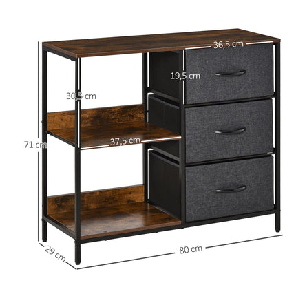 Ladenkast opbergkast met 3 stoffen laden, 2 open planken, ladekast met metalen frame voor slaapkamer, woonkamer bruin Aosoom
