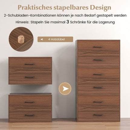 Kommode mit 2 Schubladen, stapelbarer Schubladenschrank, Sideboard aus Holz, 60 x 34 x 38 cm, Nussbaum