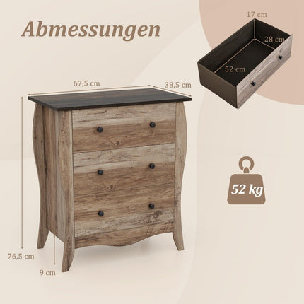 Ladekast met 3 uitklapbare stoffen laden, dressoir in landelijke stijl, ladekast, bruin