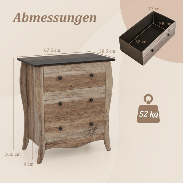 Kommode mit 3 klappbaren Stoffschubladen, Sideboard im Landhausstil, Schubladenschrank, braun