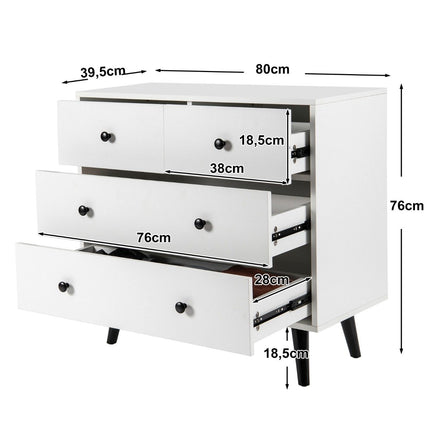 Kommode mit 4 Schubladen, Sideboard aus Holz, moderner Aufbewahrungsschrank, weiß