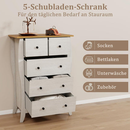 Kommode mit 5 klappbaren Stoffschubladen, Landhausstil Sideboard, Schubladenschrank grau