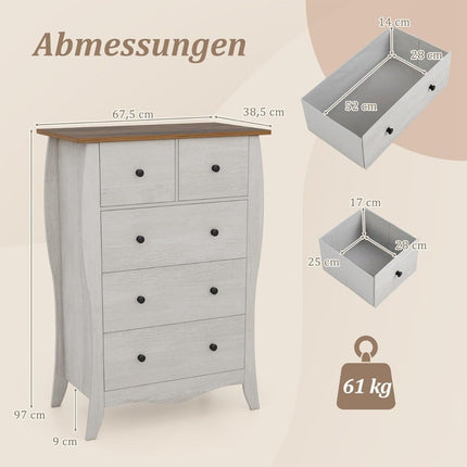 Kommode mit 5 klappbaren Stoffschubladen, Landhausstil Sideboard, Schubladenschrank grau