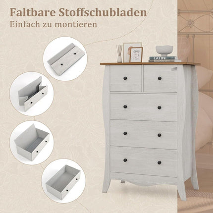 Kommode mit 5 klappbaren Stoffschubladen, Landhausstil Sideboard, Schubladenschrank grau