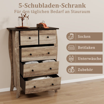 Kommode mit 5 klappbaren Stoffschubladen, Sideboard im Landhausstil, Schubladenschrank, braun