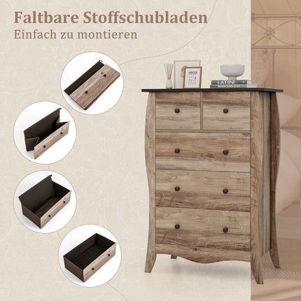 Kommode mit 5 klappbaren Stoffschubladen, Sideboard im Landhausstil, Schubladenschrank, braun