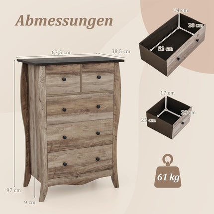 Kommode mit 5 klappbaren Stoffschubladen, Sideboard im Landhausstil, Schubladenschrank, braun