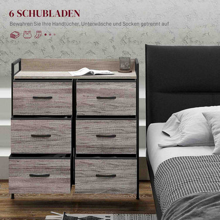 Ladekast met 6 lades van stof opbergkast met houtlook, handgrepen, stalen frame, industrieel design dressoir voor woonkamer grijs Aosom